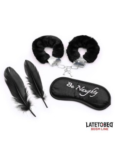 Set de 3 Piezas Antifaz, Esposas y Plumas Negro