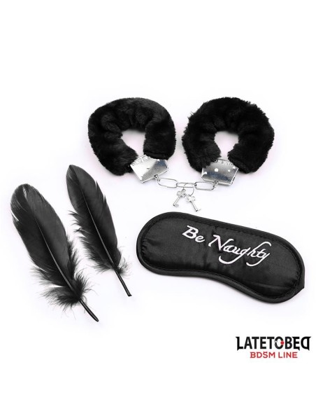 Set de 3 Piezas Antifaz, Esposas y Plumas Negro