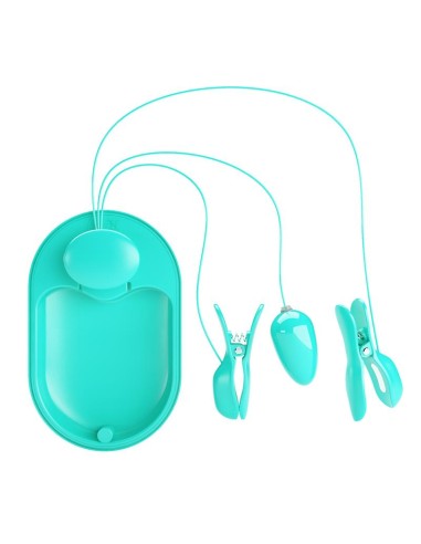 Surprise Box Huevo Vibrador y Pinzas para Pezones con Electro Estimulación Azul