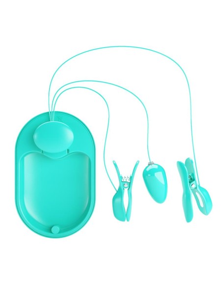 Surprise Box Huevo Vibrador y Pinzas para Pezones con Electro Estimulación Azul