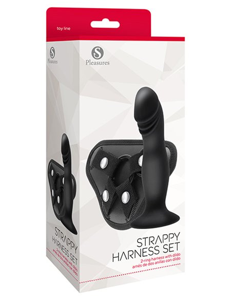 Strappy Harness Set - 2 Ring Harness With Dildo Black