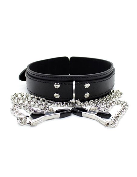 Collar con Pezoneras y Cadena de Metal Negro