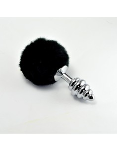 Plug Anal de Metal en Espiral con Pompon Negro